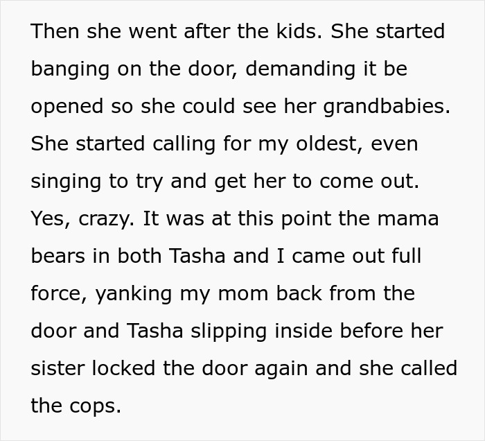 Text excerpt from a woman sharing a crazy story about her mom involving a tense family confrontation and police called.