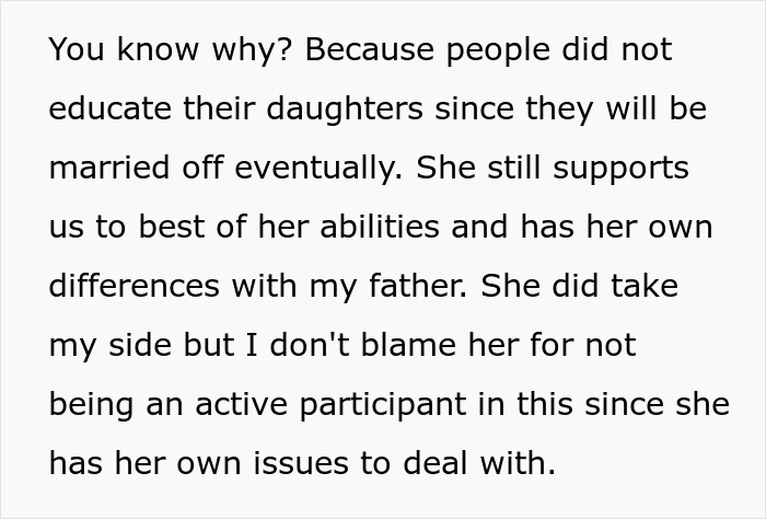Text discussing a daughter's relationship with her family, including a "gross dad" and "disgusted daughter" with toilet seat issues.