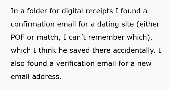 Text detailing finding a dating site confirmation email and new email address, vital for a wife's friend taking revenge.
