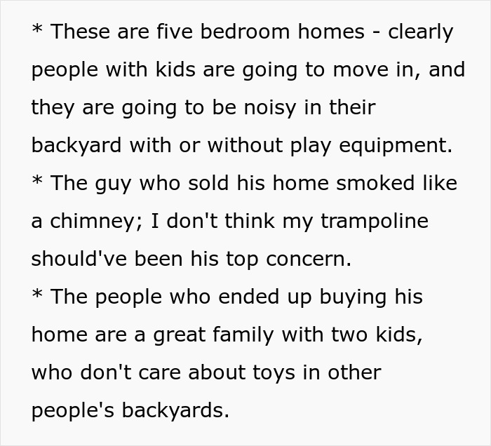 Text discussing a family's response to HOA demands about a trampoline and neighborhood noise concerns.