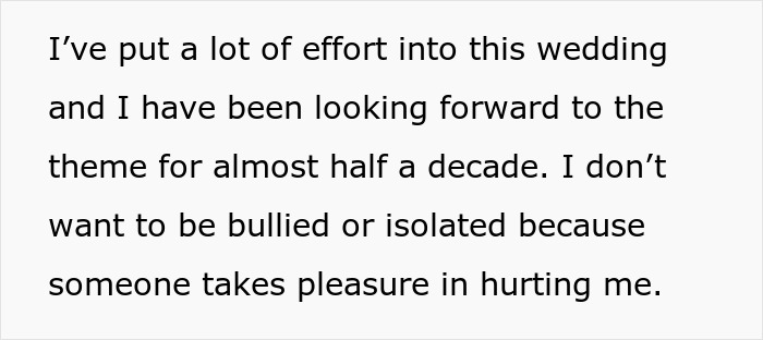 Text excerpt about effort put into wedding and fear of being bullied or isolated by ex-girlfriend cheating on guy.