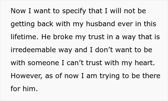 Text from a woman expressing her decision about her husband after his affair, revealing disturbing details.