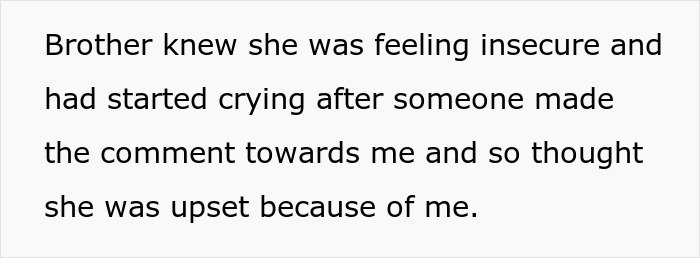 Text image describing a brother's misunderstanding about his sis crying, potentially related to the wedding dress issue.