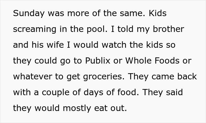 Text excerpt describing family tension as kids scream in the pool and groceries are bought reluctantly.