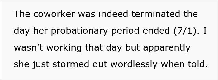 Text excerpt about a coworker terminated after probation, related to cheater lady using ex's dog for revenge and animal-lover coworker.