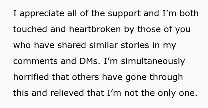 Text message expressing gratitude for support from others who shared similar stories about a man&rsquo;s outburst over mustard.