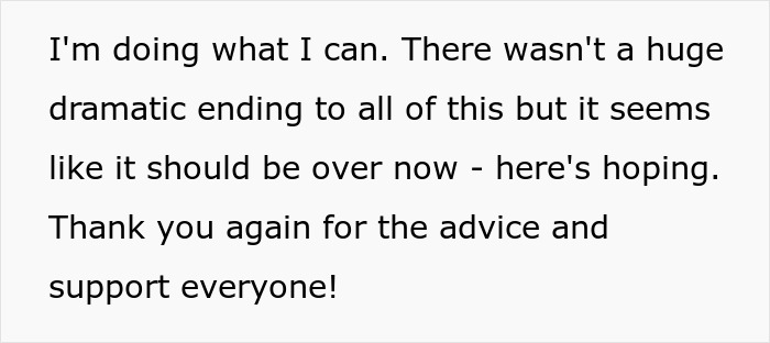 Text from a woman sharing her experience using comedy to cope with her ex-BF's trauma while he stalks her to make her stop.