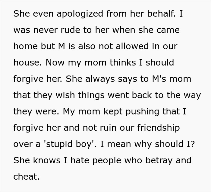 Alt text: Text about mom pushing daughter to not ruin friendship over a stupid boy after best friend&rsquo;s betrayal.
