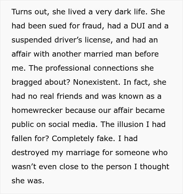 Text describing a cheater’s harsh lesson and destroyed life after chasing a fantasy and losing everything.