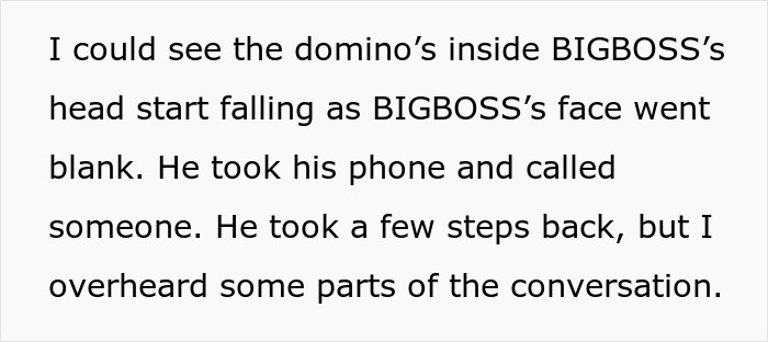 Text on a white background: BIGBOSS's face went blank as dominoes fell. He called someone, facing perfect revenge.