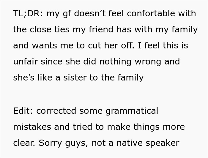 Text explaining discomfort over a female friend’s close ties to family causing woman to break up with boyfriend. Text explaining discomfort over a female friend’s close ties to family causing woman to break up with boyfriend.