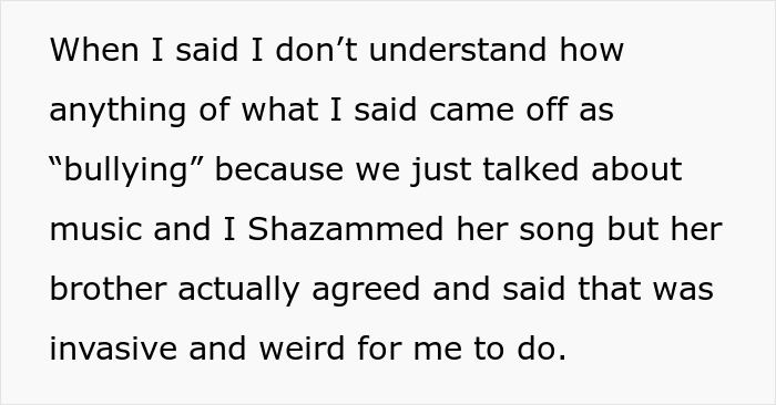 Text excerpt discussing confusion over bullying after woman uses Shazam to identify a song during a family conversation. Text excerpt discussing confusion over bullying after woman uses Shazam to identify a song during a family conversation.