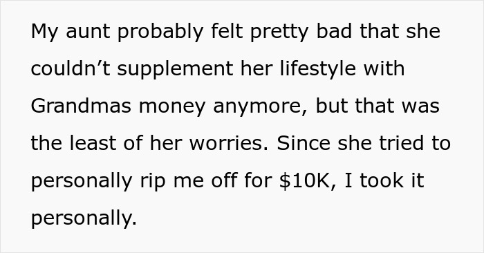 Text excerpt from a story about a lady ripping off her mom for years resulting in bankruptcy and penalties after nibling&rsquo;s revenge.