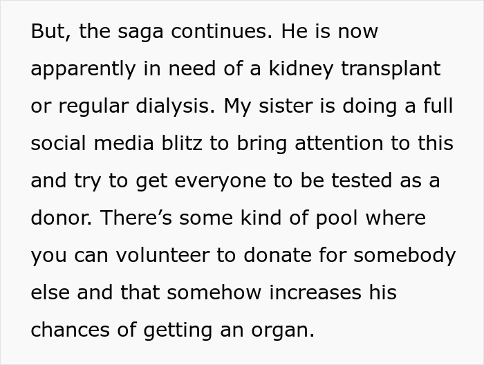 Text describing a man refusing to donate kidney to 77-year-old dad to keep Frankenstein's monster alive in a family conflict.