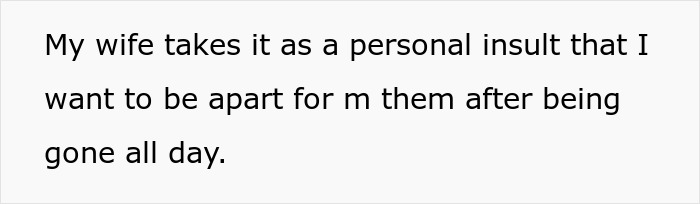 Text on white background stating a man upset about cabinets slamming and his wife's reaction to his solution.