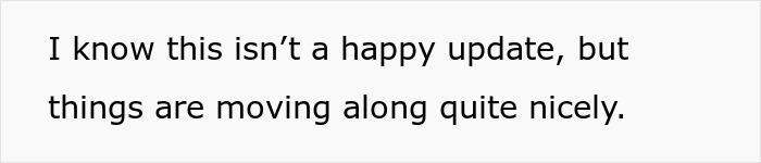 Text on a white background reads I know this isn&rsquo;t a happy update but things are moving along quite nicely.