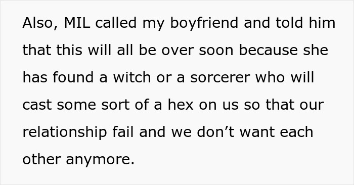 Text excerpt describing a homophobic MIL threatening a boyfriend with a witch’s hex to end their relationship.
