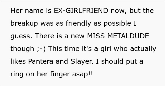 A text post about a new girlfriend who loves metal, replacing an ex. Perfect revenge for a horrible boss.
