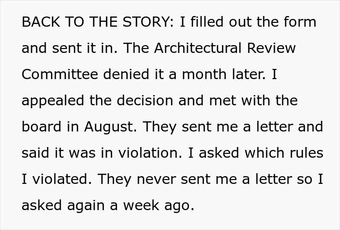 Text excerpt about HOA demands and a dad&rsquo;s response after the Architectural Review Committee denied his appeal.