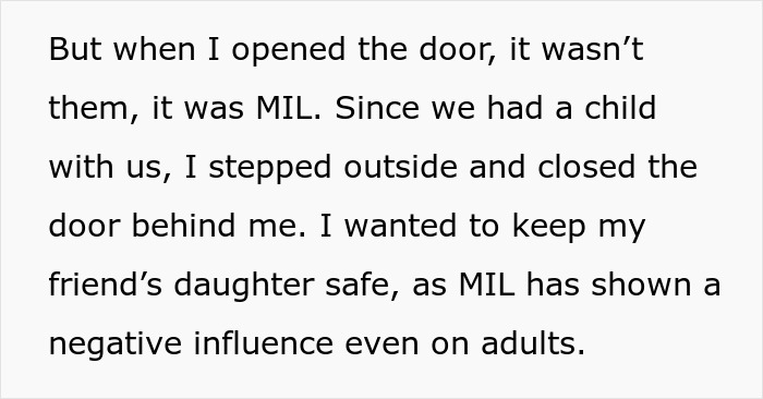 Text excerpt about MIL and protecting friend’s daughter, related to homophobic MIL trying to get son’s boyfriend arrested.