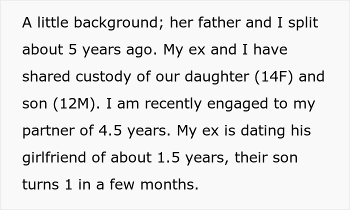 Text excerpt explaining shared custody and family background involving a teen confronting dad after he forgot her birthday. Text excerpt explaining shared custody and family background involving a teen confronting dad after he forgot her birthday.
