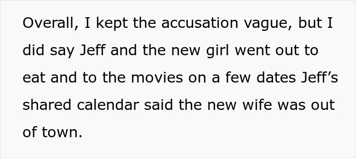 Text snippet detailing Jeff dating a mistress while his wife was away, hinting at revenge destroying his new life.