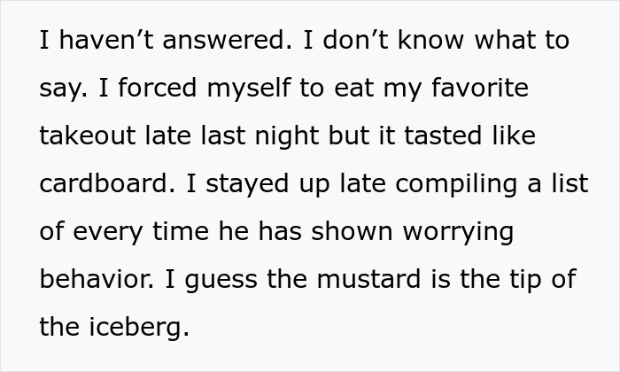 Text describing a wife reflecting on her husband's worrying behavior, realizing the mustard issue is just the tip of the iceberg.