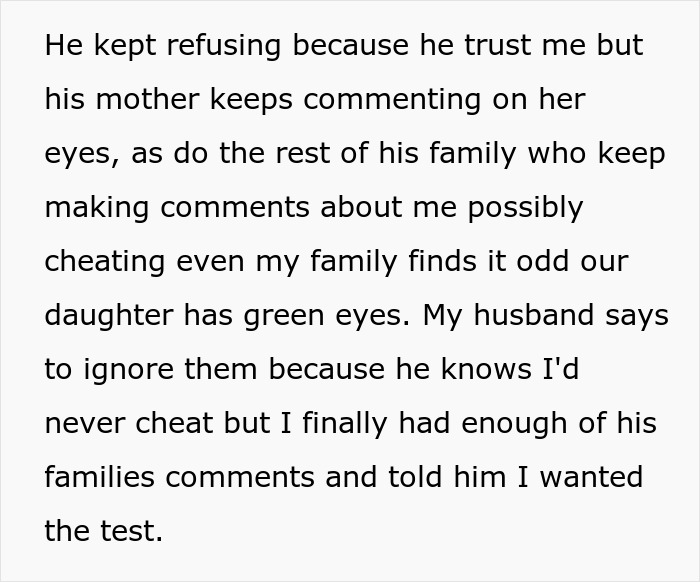 Texto que descreve a frustração de uma mulher e o pedido de exame de DNA devido a acusações de infidelidade sobre sua filha.