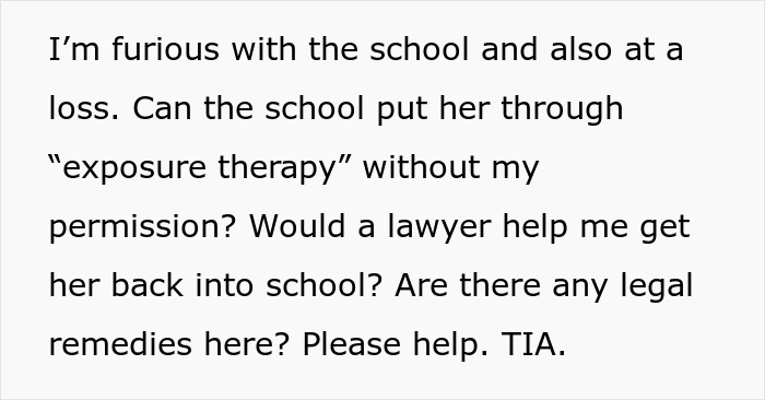 Parent concerned about school suspending daughter over fear of snakes and seeking legal advice on exposure therapy and readmission. Parent concerned about school suspending daughter over fear of snakes and seeking legal advice on exposure therapy and readmission.