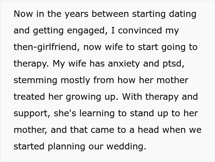 Text about wife with anxiety and PTSD from toxic MIL&rsquo;s behavior, learning to stand up while planning wedding.