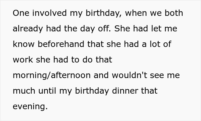 Text describing a wife's birthday plans, raising a gut feeling about a wife and her coworker.