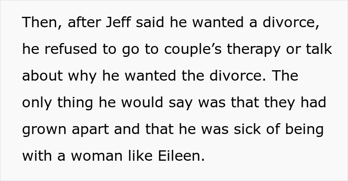 Text excerpt explaining Jeff's refusal for therapy, setting the stage for the revenge plot after he dumps his wife.