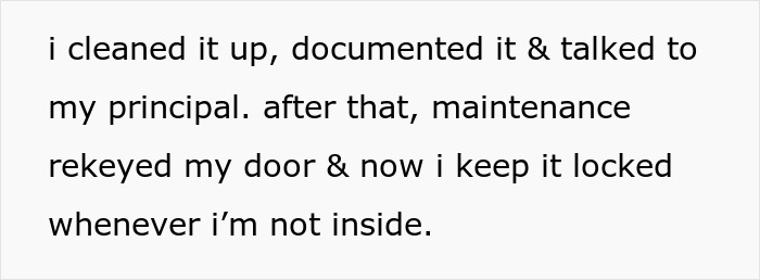 Text detailing an office staff's solution for locking school office, ensuring security by rekeying their door and keeping it locked.