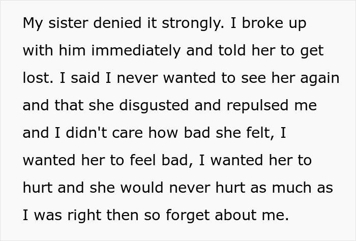Text excerpt discussing a woman facing karma after cheating with her sister's baby daddy and dealing with betrayal.