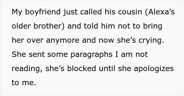 Text message explaining boyfriend's cousin was blocked after tantrum over woman using Shazam to identify song. Text message explaining boyfriend's cousin was blocked after tantrum over woman using Shazam to identify song.