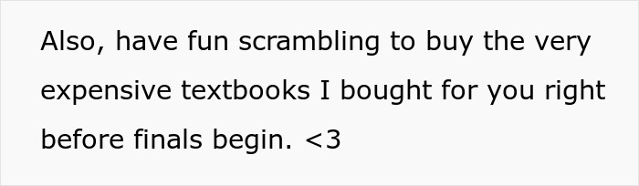 Text about scrambling to buy expensive textbooks before finals