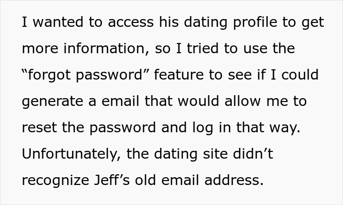Text from a story, showing a wife's friend's attempt to access a dating profile, related to destroying his new life.