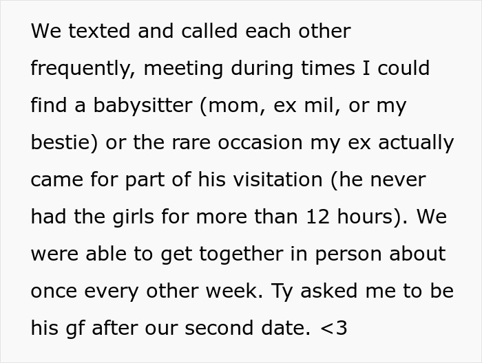 Text describing a woman’s story about her mom involving frequent communication and rare visits with her ex during visitation.