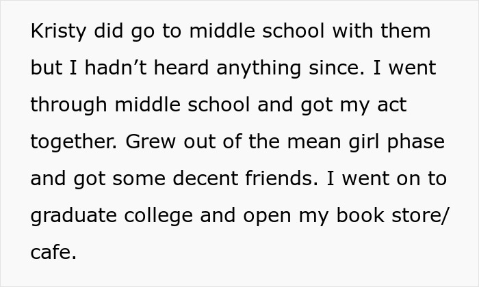 Text excerpt discussing middle school experiences, overcoming bullying, and becoming a book store manager. Text excerpt discussing middle school experiences, overcoming bullying, and becoming a book store manager.