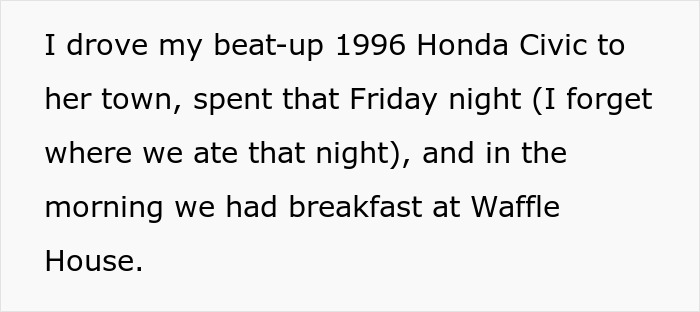 Screenshot of a text message describing a drive in a 1996 Honda Civic and breakfast at Waffle House.
