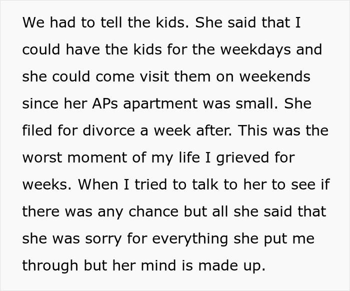 Screenshot of text from a woman blaming her husband for an affair, now begging to cancel the divorce.