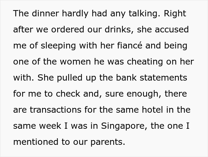 Woman accused of sleeping with sister&rsquo;s fianc&eacute; over a coincidence struggles to change family&rsquo;s mind during tense dinner.