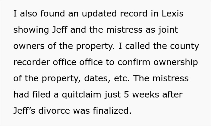 Text from an article about revenge, discussing Jeff's mistress and property ownership records.