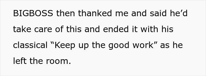 Text from a story detail, white background with black text about BIGBOSS thanking someone and leaving, implying good revenge.