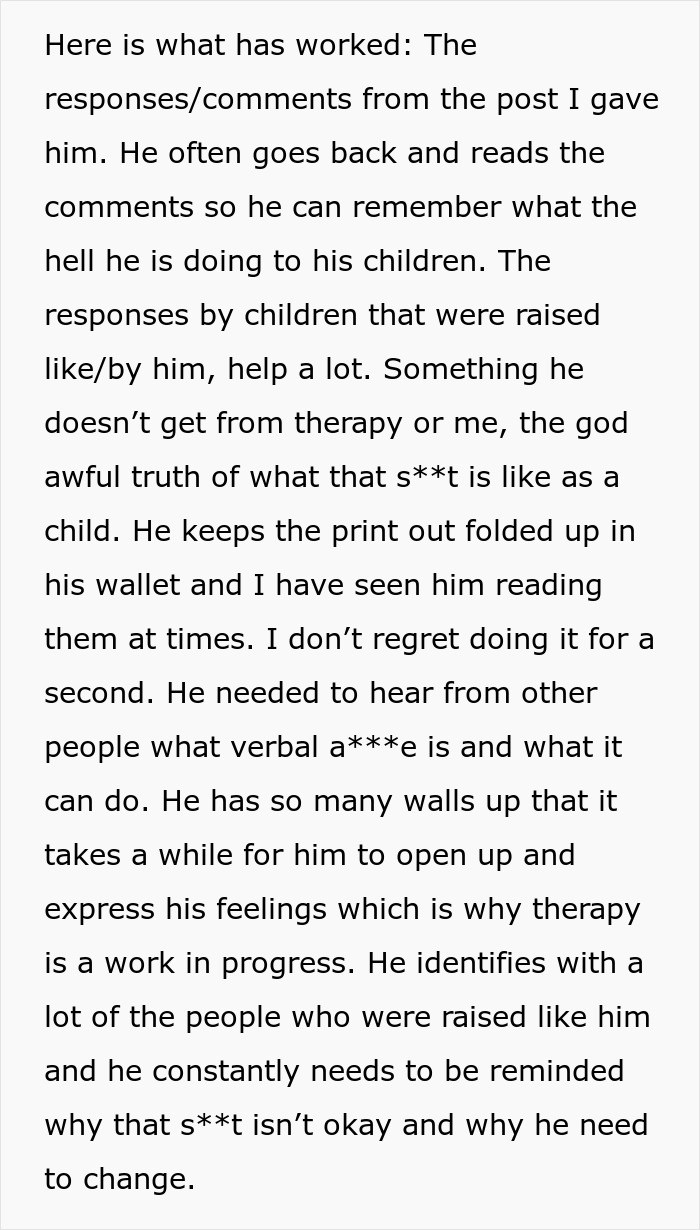 Text excerpt discussing a mom sharing how her husband is awesome to her but a complete jerk to their kids.