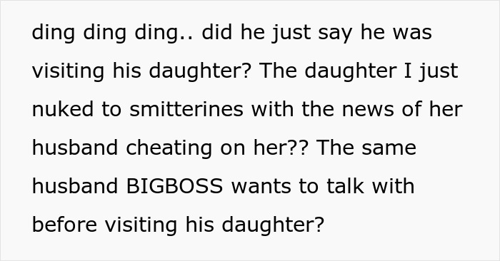 Text message about a horrible boss getting what's coming to him with perfect revenge. A big boss visiting his daughter whose husband just got exposed for cheating.