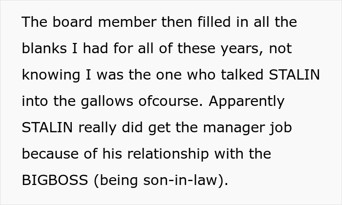 Text on a screen discussing a horrible boss getting what's coming to him and perfect revenge from an employee.