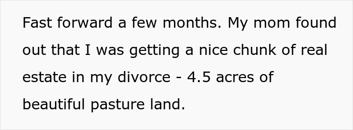 Woman shares a crazy story about her mom involving real estate and 4.5 acres of beautiful pasture land after divorce.