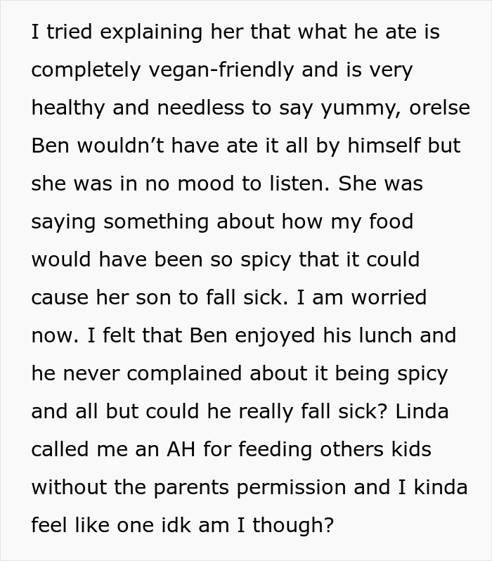 Text post about a babysitter feeding a child vegan food, causing conflict about trying to transition her son into vegan.