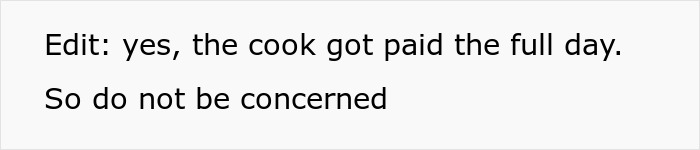 Text post with a message clarifying the cook was paid for the full day, related to book store manager school bully discussion. Text post with a message clarifying the cook was paid for the full day, related to book store manager school bully discussion.